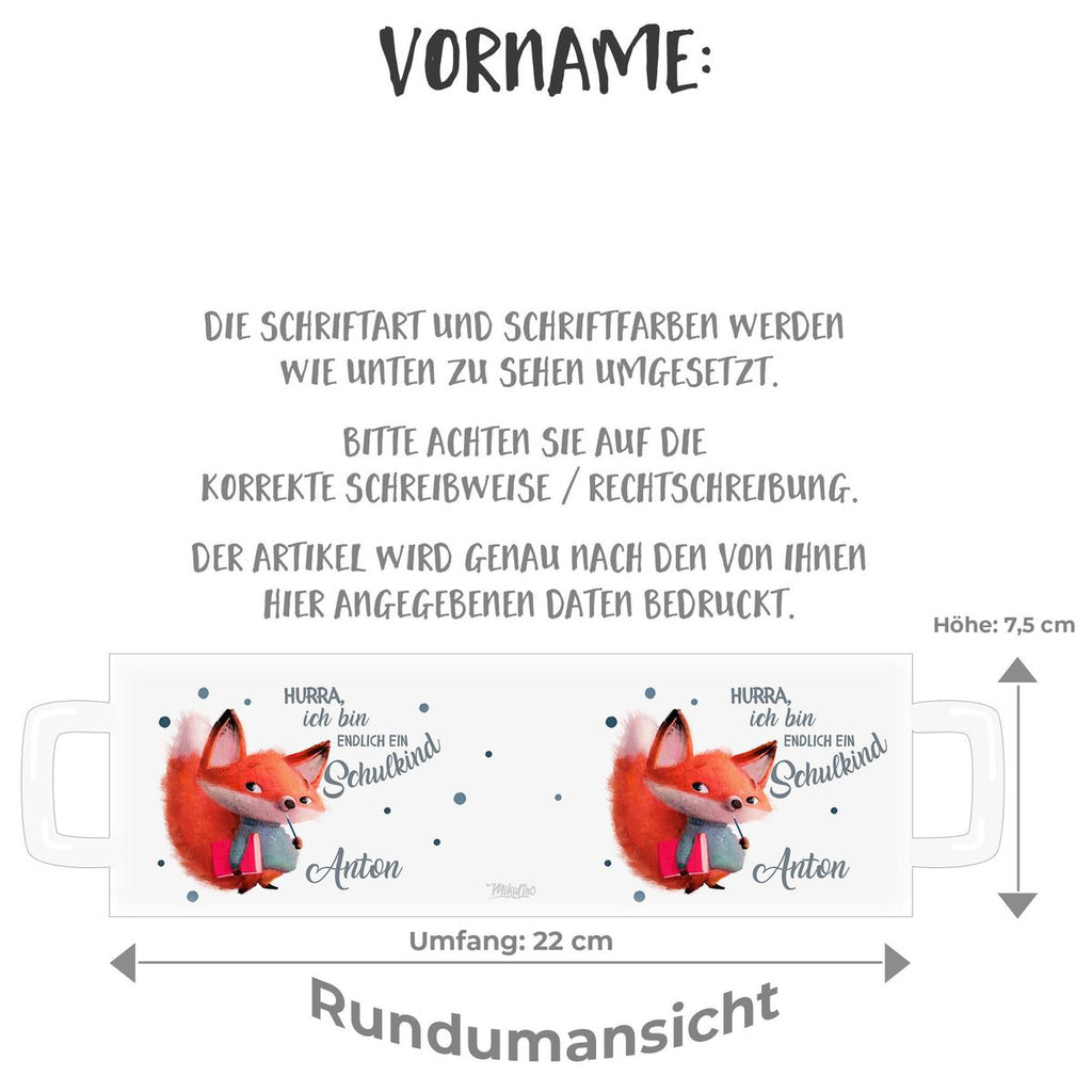 Emaille Tasse Endlich Schulkind - Fuchs mit Namen - von Mikalino