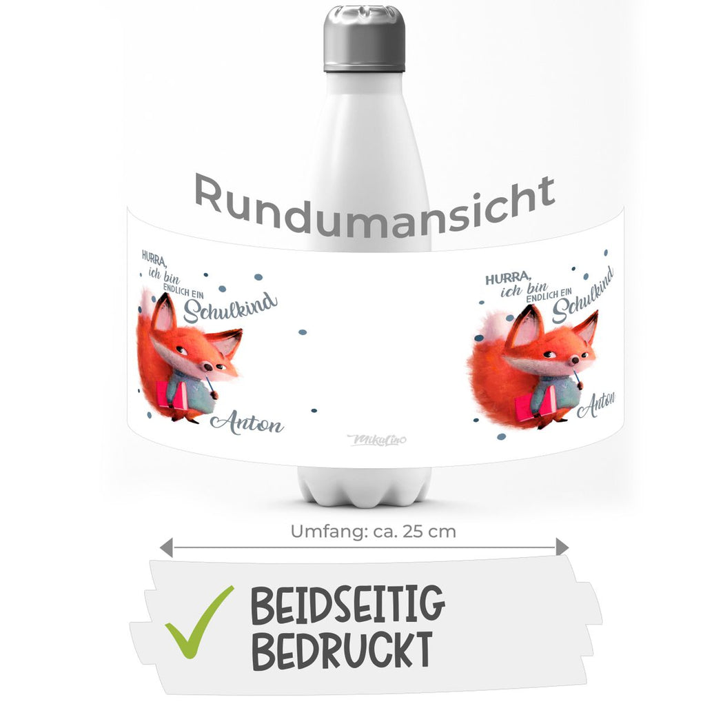 Thermo Trinkflasche Endlich Schulkind - Fuchs mit Namen - von Mikalino