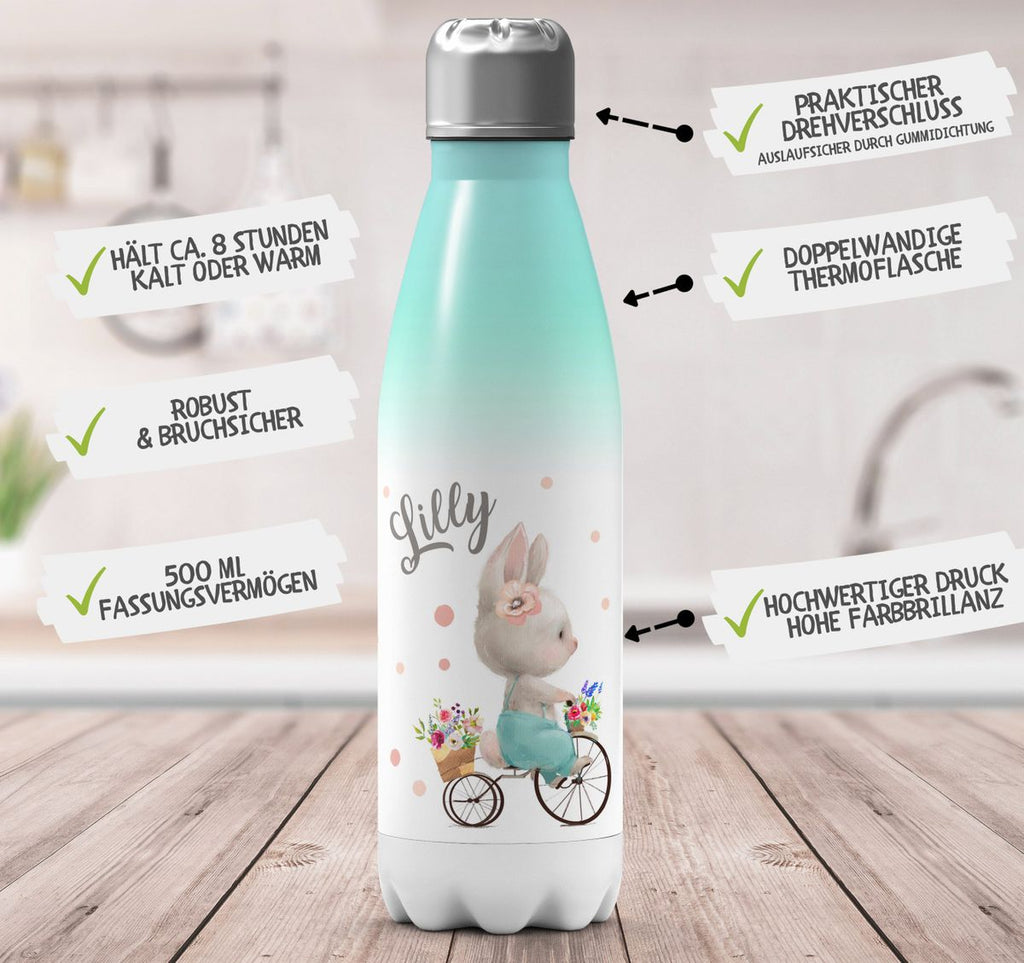 Thermo Trinkflasche Hase auf Fahrrad mit Namen - von Mikalino