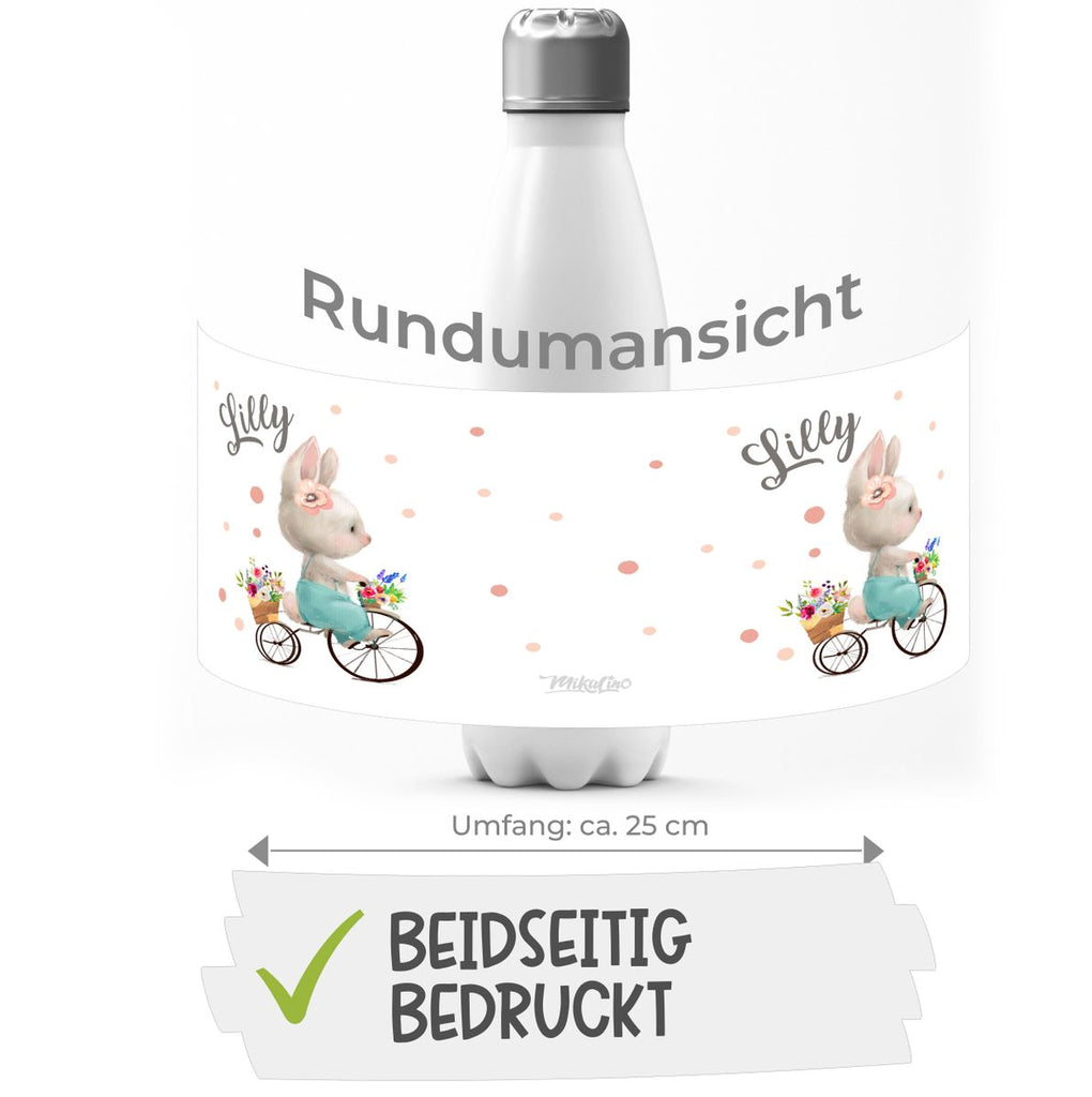 Thermo Trinkflasche Hase auf Fahrrad mit Namen - von Mikalino