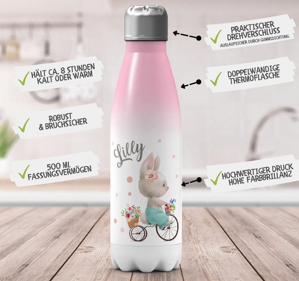 Thermo Trinkflasche Hase auf Fahrrad mit Namen - von Mikalino