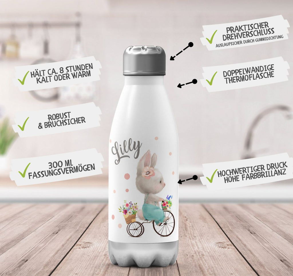 Thermo Trinkflasche Hase auf Fahrrad mit Namen - von Mikalino