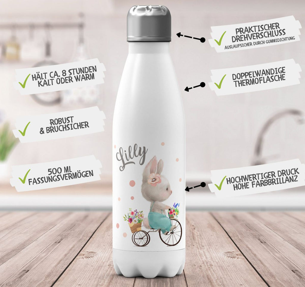 Thermo Trinkflasche Hase auf Fahrrad mit Namen - von Mikalino