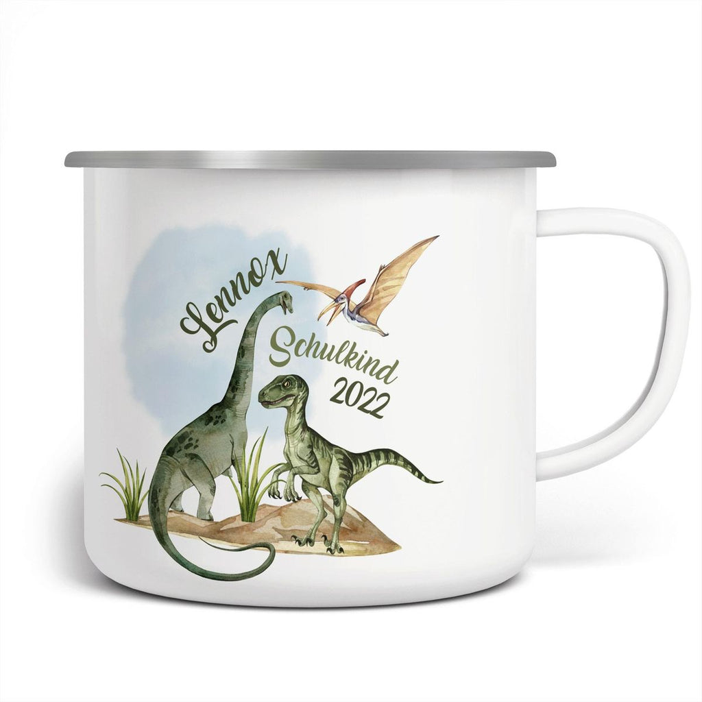 Emaille Tasse Schulkind - Dinosaurier mit Namen - von Mikalino