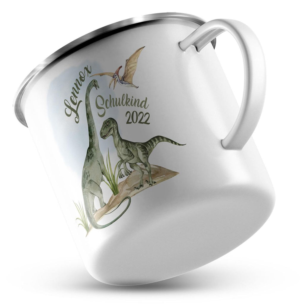 Emaille Tasse Schulkind - Dinosaurier mit Namen - von Mikalino