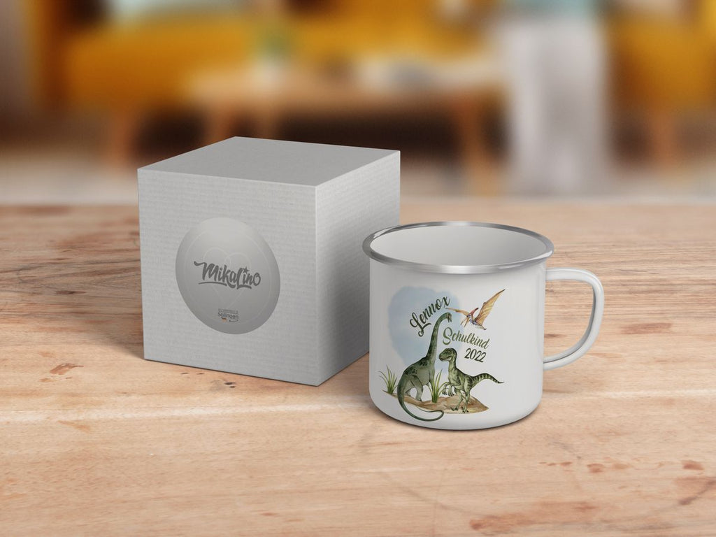 Emaille Tasse Schulkind - Dinosaurier mit Namen - von Mikalino