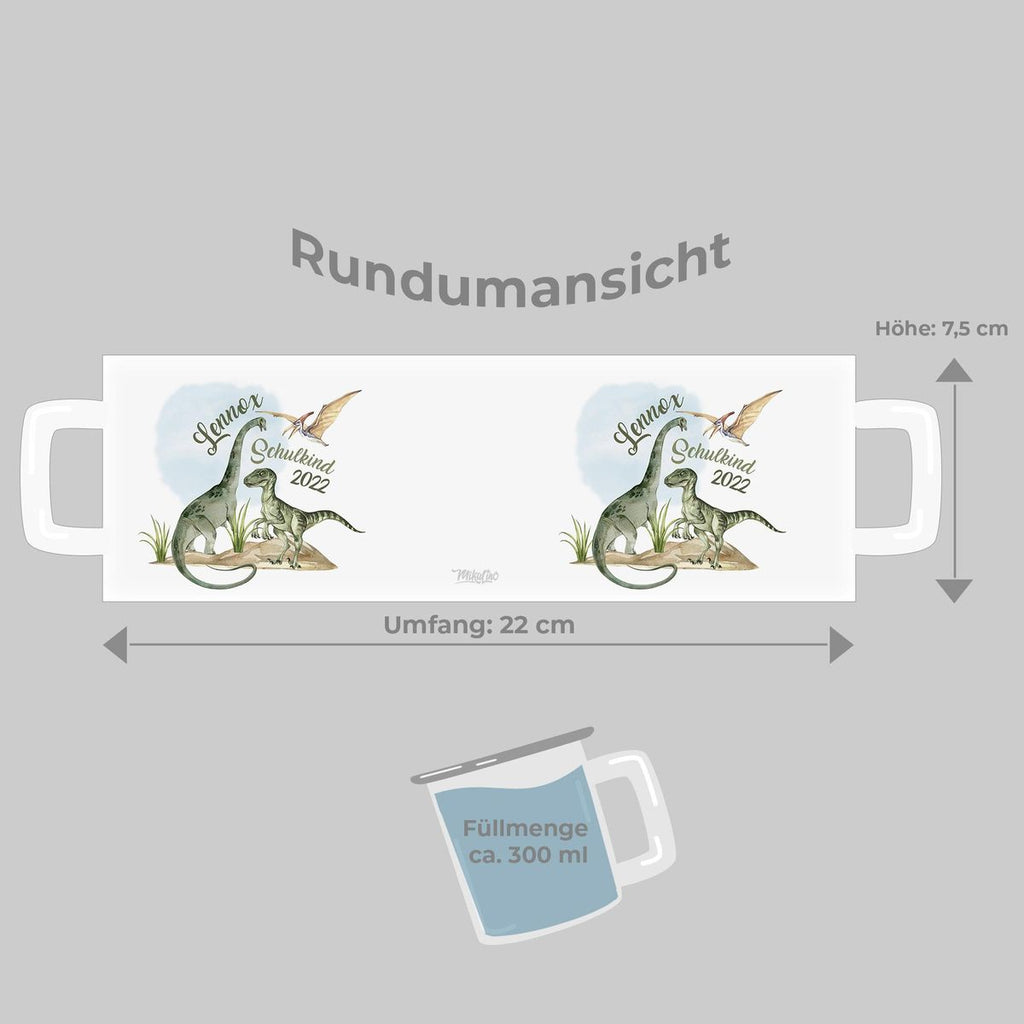 Emaille Tasse Schulkind - Dinosaurier mit Namen - von Mikalino