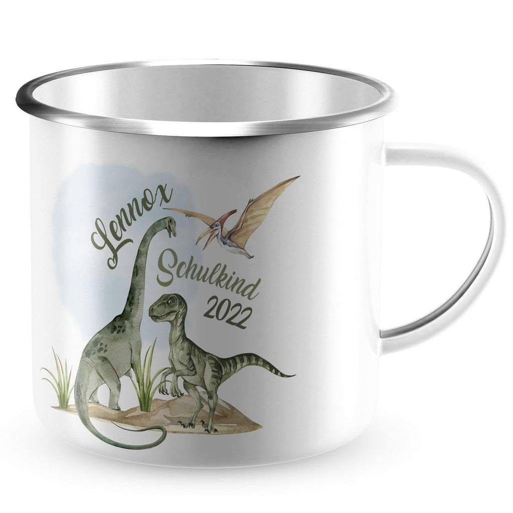 Emaille Tasse Schulkind - Dinosaurier mit Namen - von Mikalino