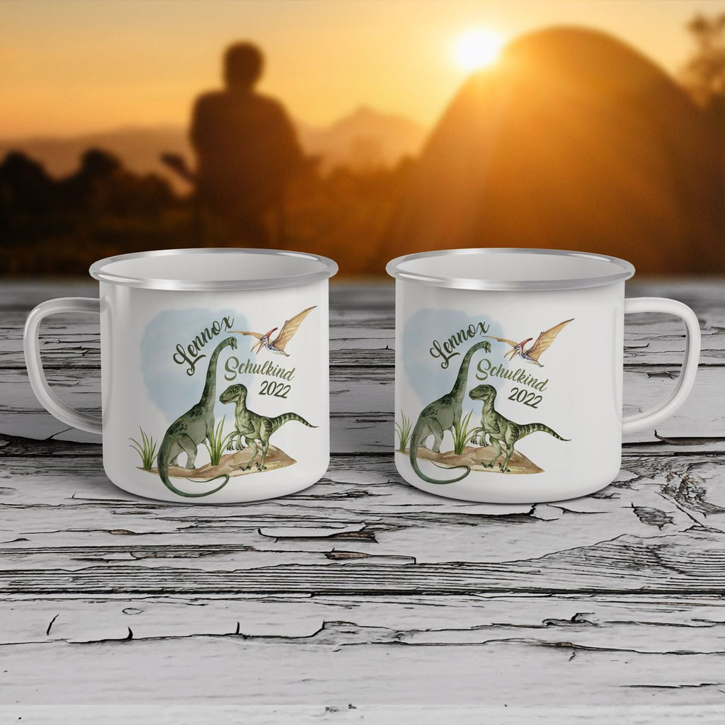 Emaille Tasse Schulkind - Dinosaurier mit Namen - von Mikalino