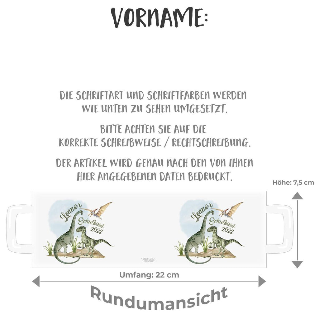 Emaille Tasse Schulkind - Dinosaurier mit Namen - von Mikalino