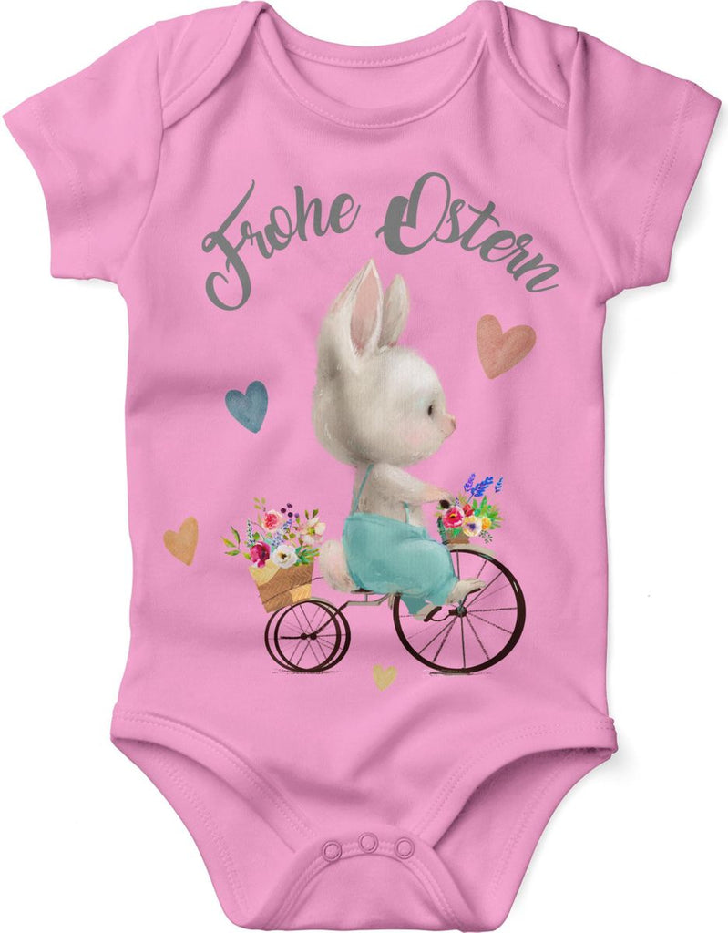 Mikalino Babybody mit Spruch Frohe Ostern - Hase Fahrrad | Kurzarm Strampler für Jungen und Mädchen | Geschenkidee - von Mikalino