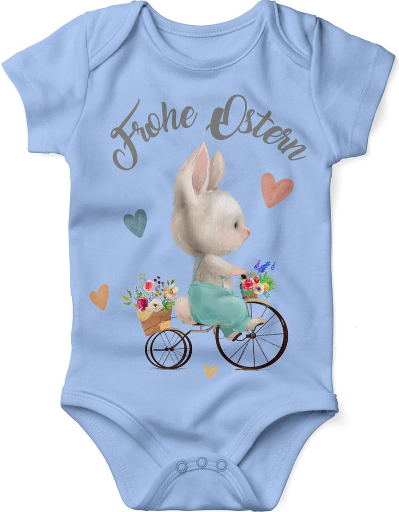 Mikalino Babybody mit Spruch Frohe Ostern - Hase Fahrrad | Kurzarm Strampler für Jungen und Mädchen | Geschenkidee - von Mikalino