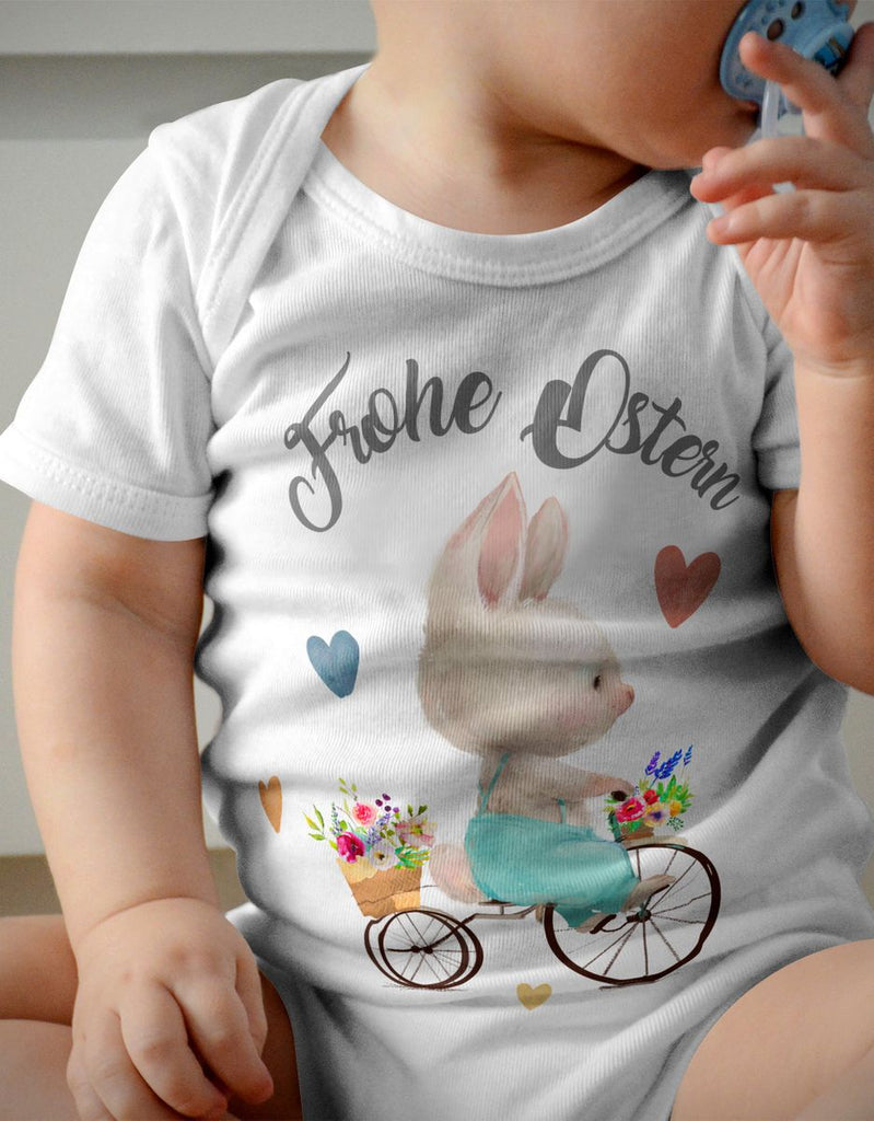 Mikalino Babybody mit Spruch Frohe Ostern - Hase Fahrrad | Kurzarm Strampler für Jungen und Mädchen | Geschenkidee - von Mikalino