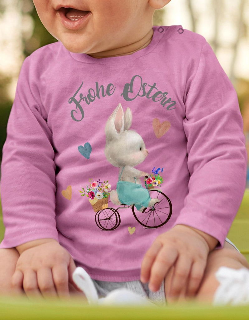 Mikalino Baby / Kinder Longsleeve mit Spruch Frohe Ostern - Hase Fahrrad | Langarm Shirt für Jungen und Mädchen | Geschenkidee - von Mikalino