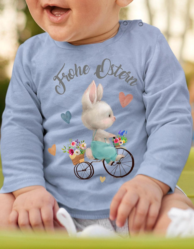 Mikalino Baby / Kinder Longsleeve mit Spruch Frohe Ostern - Hase Fahrrad | Langarm Shirt für Jungen und Mädchen | Geschenkidee - von Mikalino