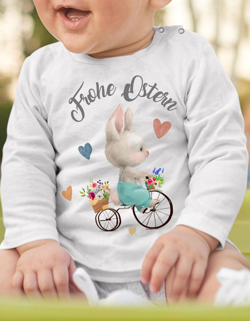 Mikalino Baby / Kinder Longsleeve mit Spruch Frohe Ostern - Hase Fahrrad | Langarm Shirt für Jungen und Mädchen | Geschenkidee - von Mikalino