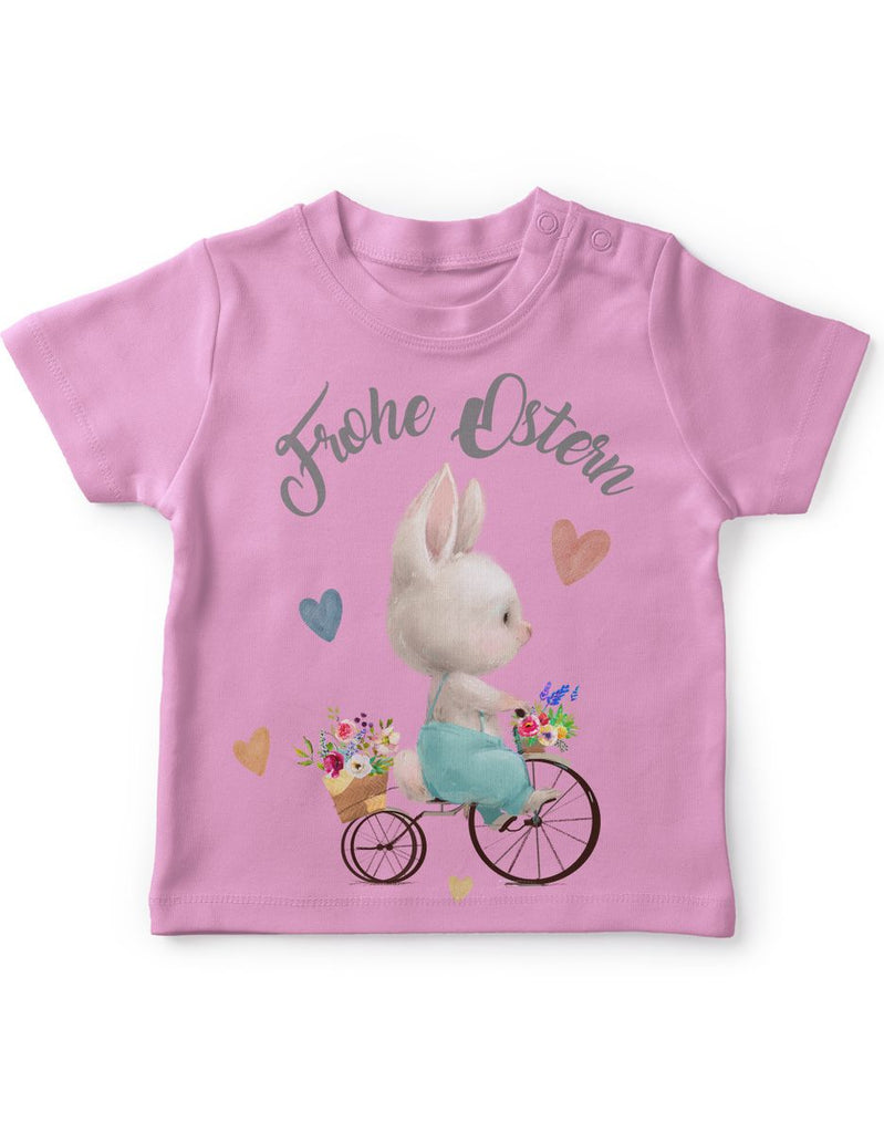 Mikalino Baby / Kinder T-Shirt mit Spruch Frohe Ostern - Hase Fahrrad | Kurzarm Shirt für Jungen und Mädchen | Geschenkidee - von Mikalino