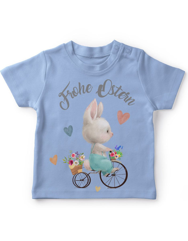 Mikalino Baby / Kinder T-Shirt mit Spruch Frohe Ostern - Hase Fahrrad | Kurzarm Shirt für Jungen und Mädchen | Geschenkidee - von Mikalino