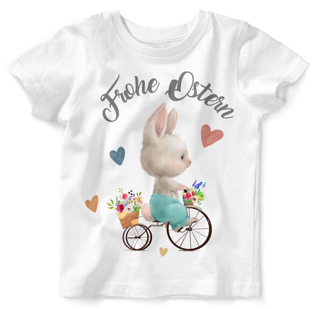 Mikalino Baby / Kinder T-Shirt mit Spruch Frohe Ostern - Hase Fahrrad | Kurzarm Shirt für Jungen und Mädchen | Geschenkidee - von Mikalino