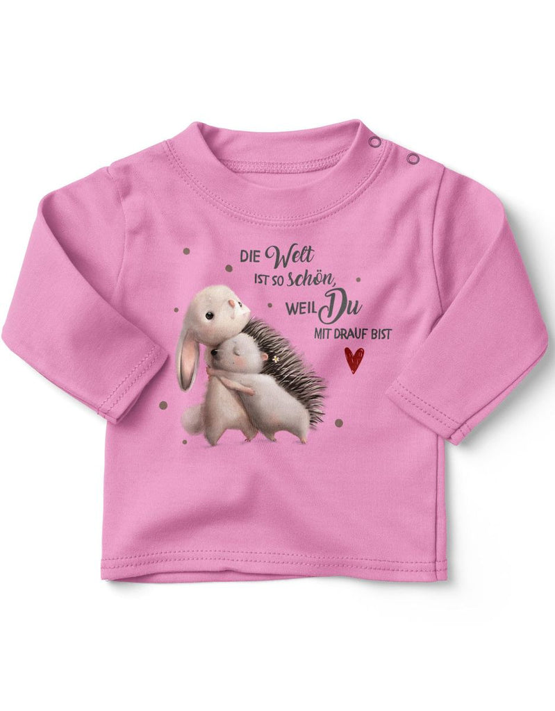 Mikalino Baby / Kinder Longsleeve mit Spruch Die Welt ist so schön, weil Du mit drauf bist Hase und Igel | Langarm Shirt für Jungen und Mädchen | Geschenkidee - von Mikalino