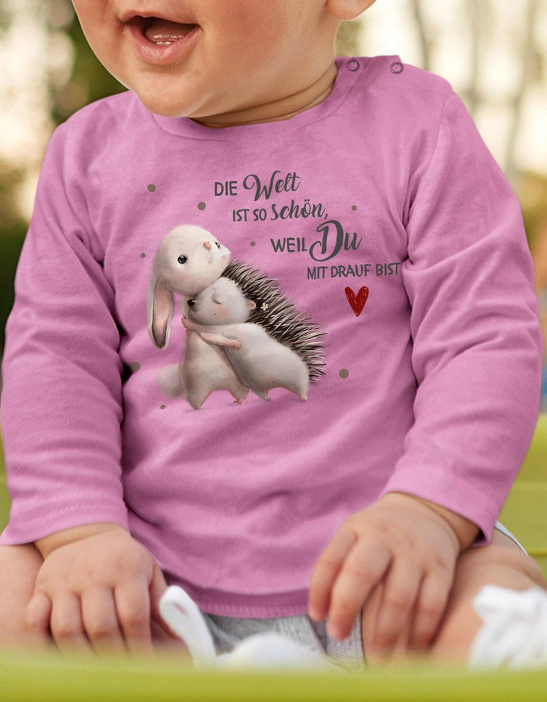 Mikalino Baby / Kinder Longsleeve mit Spruch Die Welt ist so schön, weil Du mit drauf bist Hase und Igel | Langarm Shirt für Jungen und Mädchen | Geschenkidee - von Mikalino