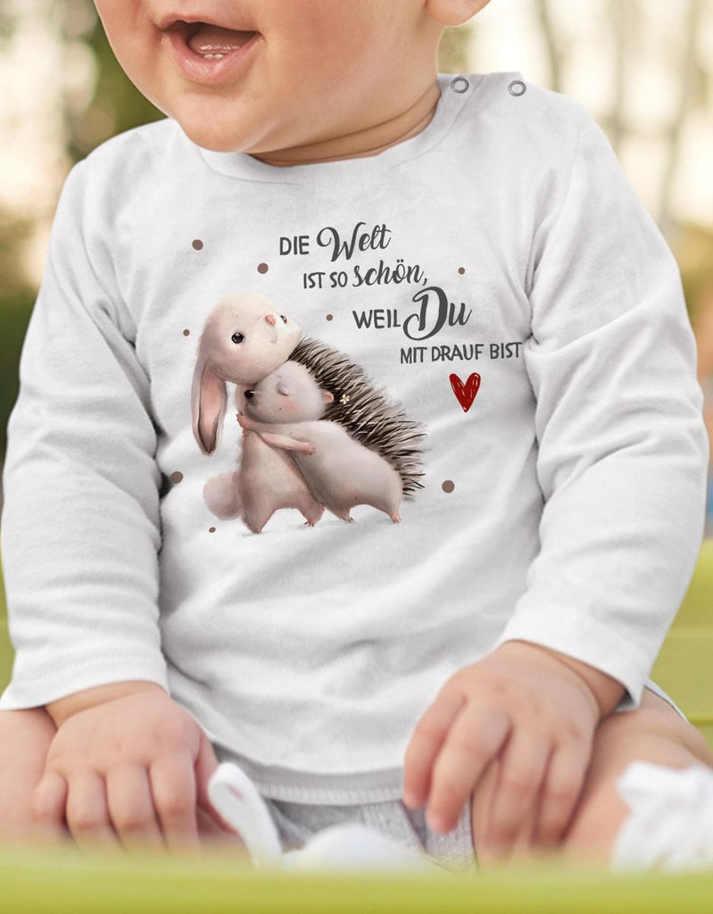 Mikalino Baby / Kinder Longsleeve mit Spruch Die Welt ist so schön, weil Du mit drauf bist Hase und Igel | Langarm Shirt für Jungen und Mädchen | Geschenkidee - von Mikalino