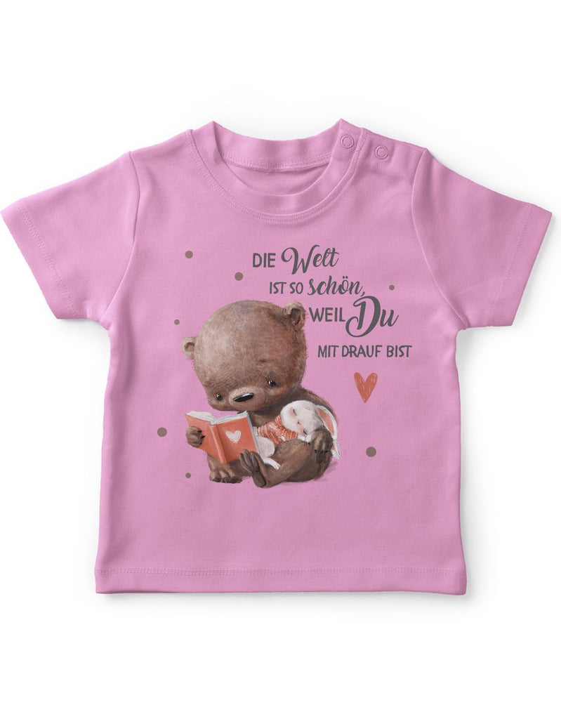 Mikalino Baby / Kinder T-Shirt mit Spruch Die Welt ist so schön, weil Du mir drauf bist Bär und Hase | Kurzarm Shirt für Jungen und Mädchen | Geschenkidee - von Mikalino