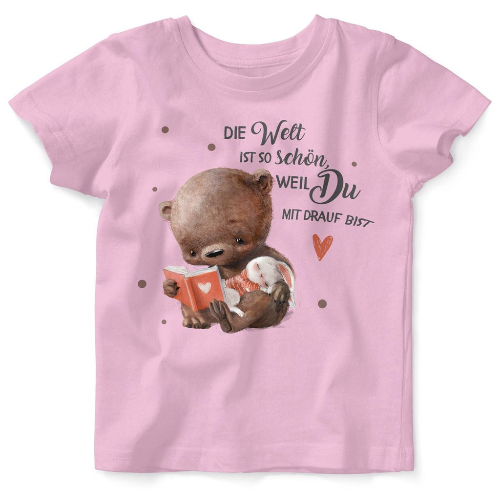 Mikalino Baby / Kinder T-Shirt mit Spruch Die Welt ist so schön, weil Du mir drauf bist Bär und Hase | Kurzarm Shirt für Jungen und Mädchen | Geschenkidee - von Mikalino