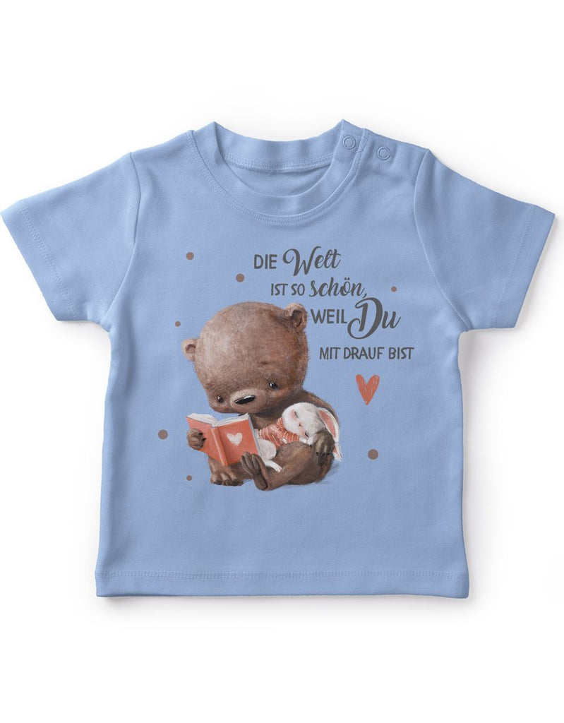 Mikalino Baby / Kinder T-Shirt mit Spruch Die Welt ist so schön, weil Du mir drauf bist Bär und Hase | Kurzarm Shirt für Jungen und Mädchen | Geschenkidee - von Mikalino