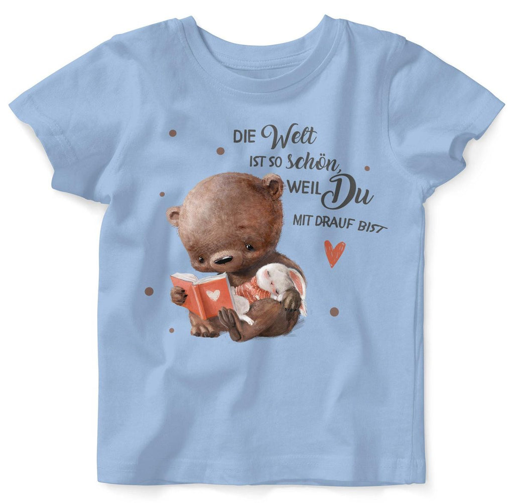 Mikalino Baby / Kinder T-Shirt mit Spruch Die Welt ist so schön, weil Du mir drauf bist Bär und Hase | Kurzarm Shirt für Jungen und Mädchen | Geschenkidee - von Mikalino