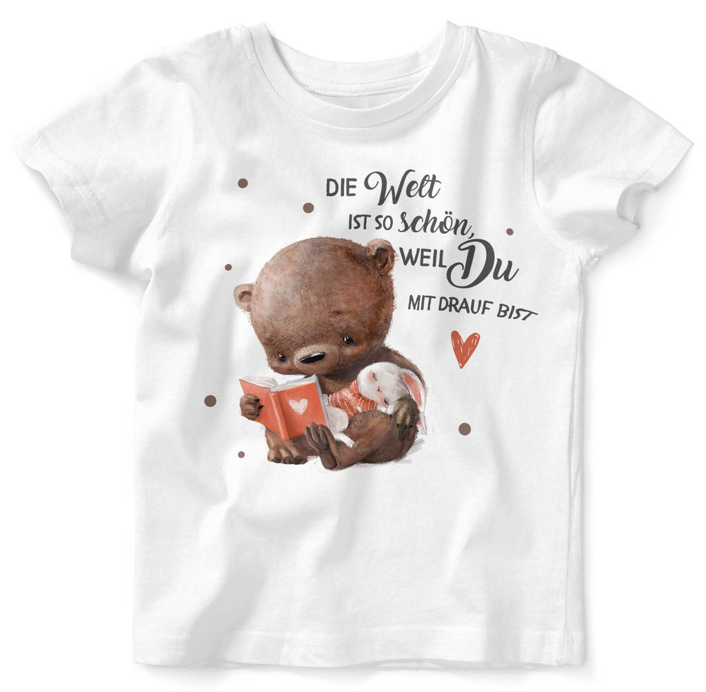 Mikalino Baby / Kinder T-Shirt mit Spruch Die Welt ist so schön, weil Du mir drauf bist Bär und Hase | Kurzarm Shirt für Jungen und Mädchen | Geschenkidee - von Mikalino