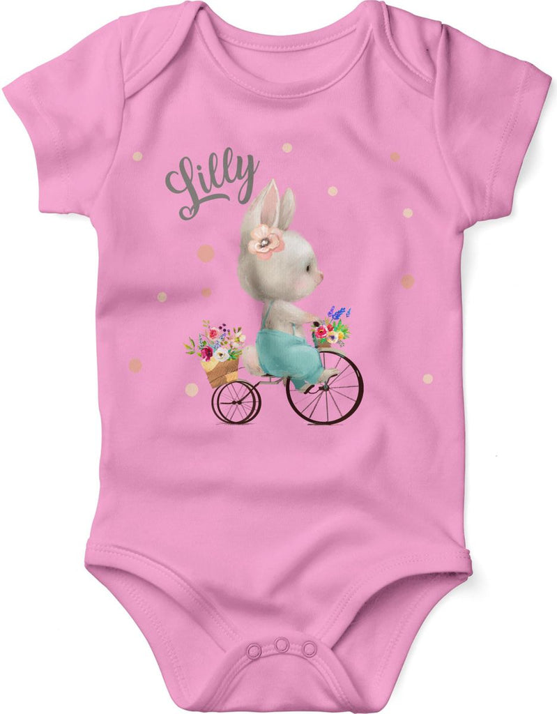 Mikalino Babybody mit Spruch Hase auf Fahrrad mit Namen | Kurzarm Strampler für Jungen und Mädchen | Geschenkidee - von Mikalino