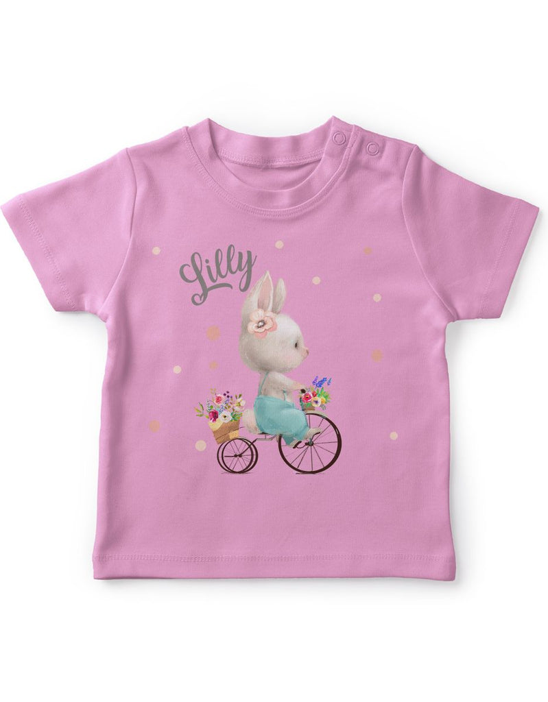 Mikalino Baby / Kinder T-Shirt mit Spruch Hase auf Fahrrad mit Namen | Kurzarm Shirt für Jungen und Mädchen | Geschenkidee - von Mikalino