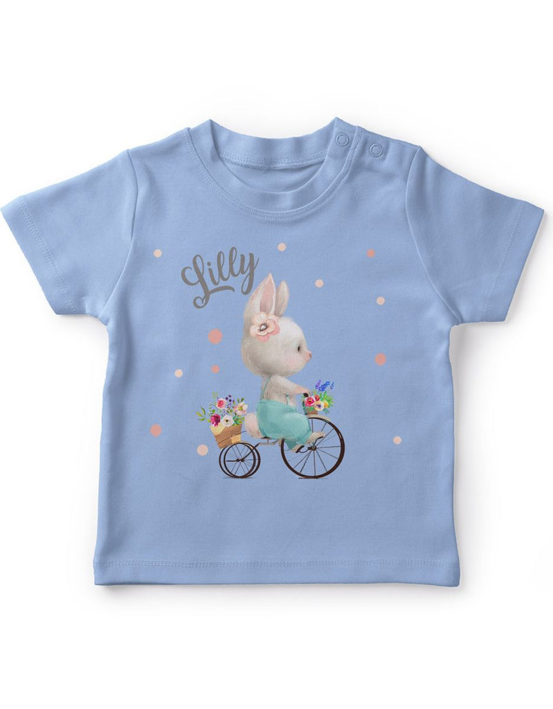 Mikalino Baby / Kinder T-Shirt mit Spruch Hase auf Fahrrad mit Namen | Kurzarm Shirt für Jungen und Mädchen | Geschenkidee - von Mikalino