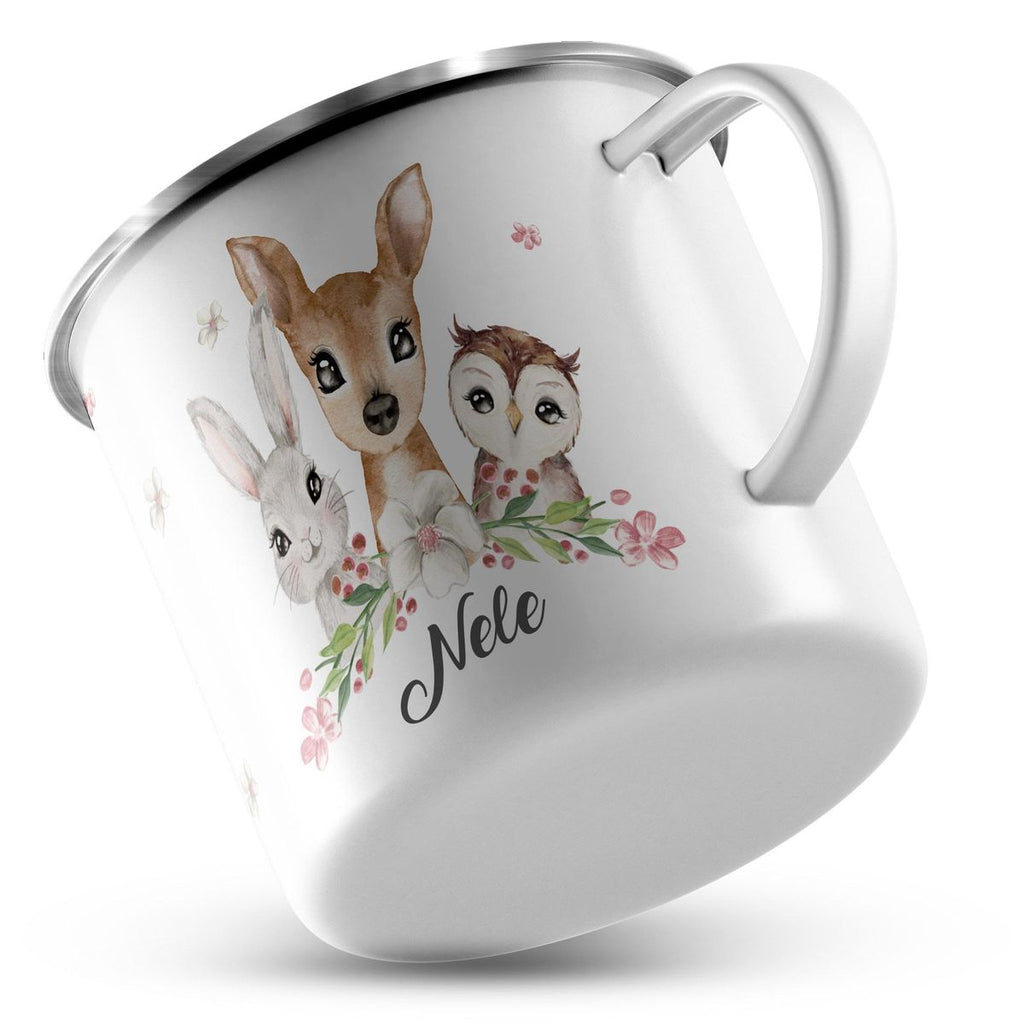 Emaille Tasse Hase, Reh und Eule mit Namen - von Mikalino