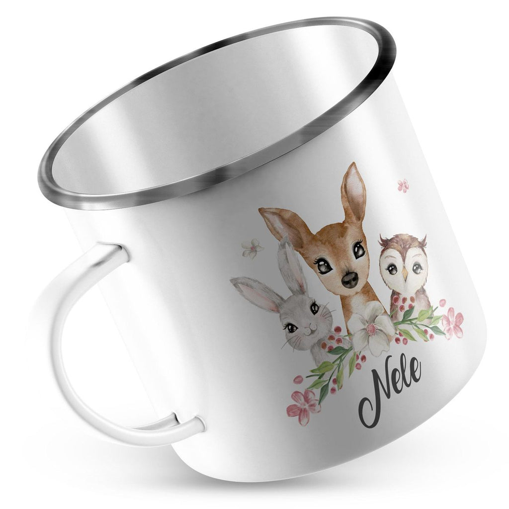 Emaille Tasse Hase, Reh und Eule mit Namen - von Mikalino