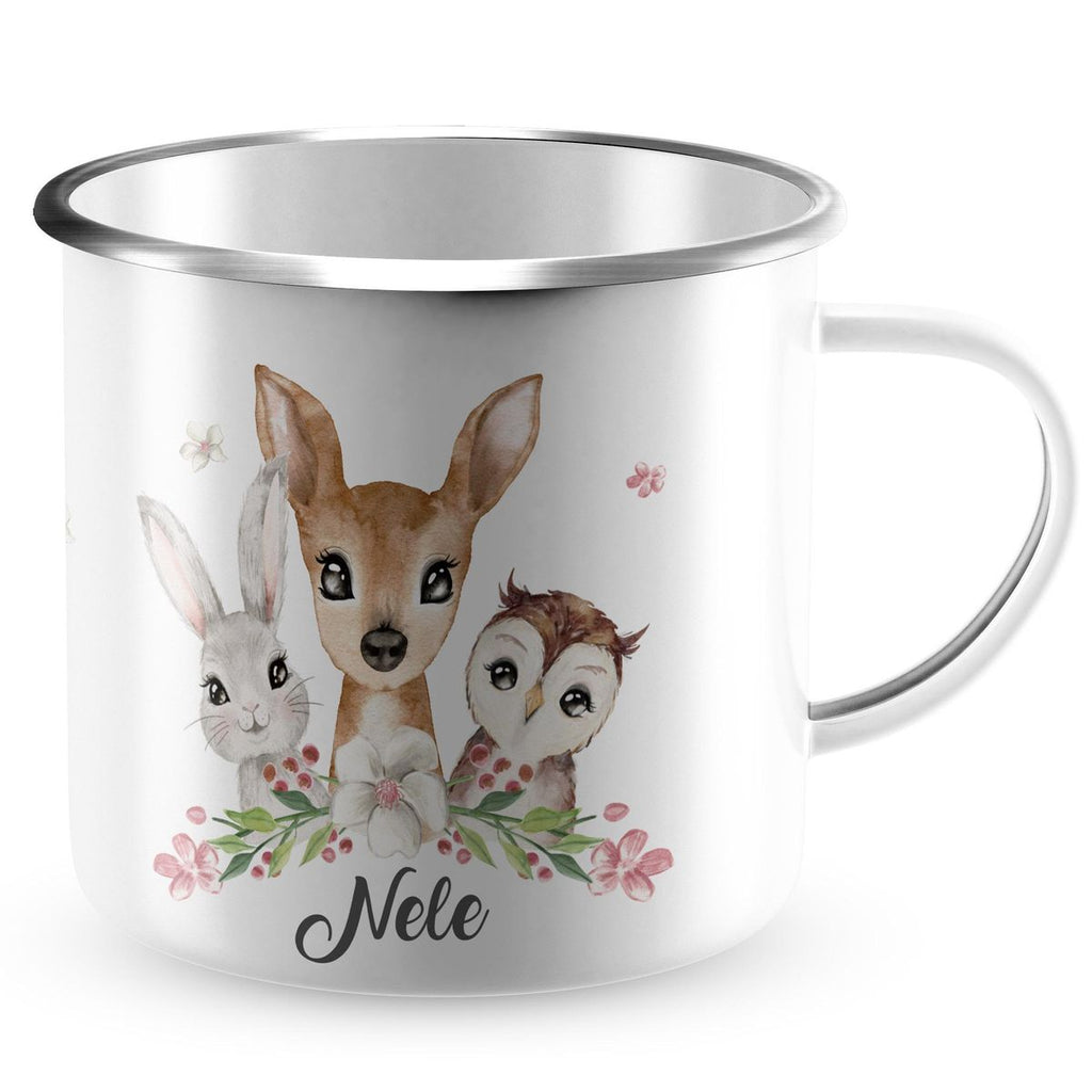 Emaille Tasse Hase, Reh und Eule mit Namen - von Mikalino