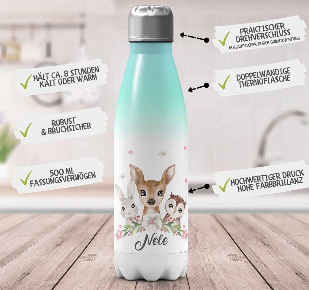 Thermo Trinkflasche Hase, Reh und Eule mit Namen - von Mikalino