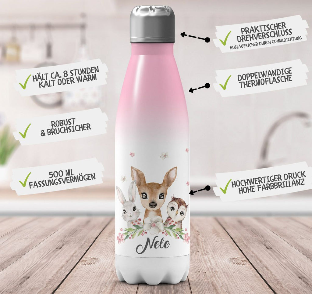 Thermo Trinkflasche Hase, Reh und Eule mit Namen - von Mikalino