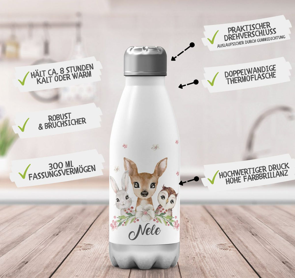 Thermo Trinkflasche Hase, Reh und Eule mit Namen - von Mikalino