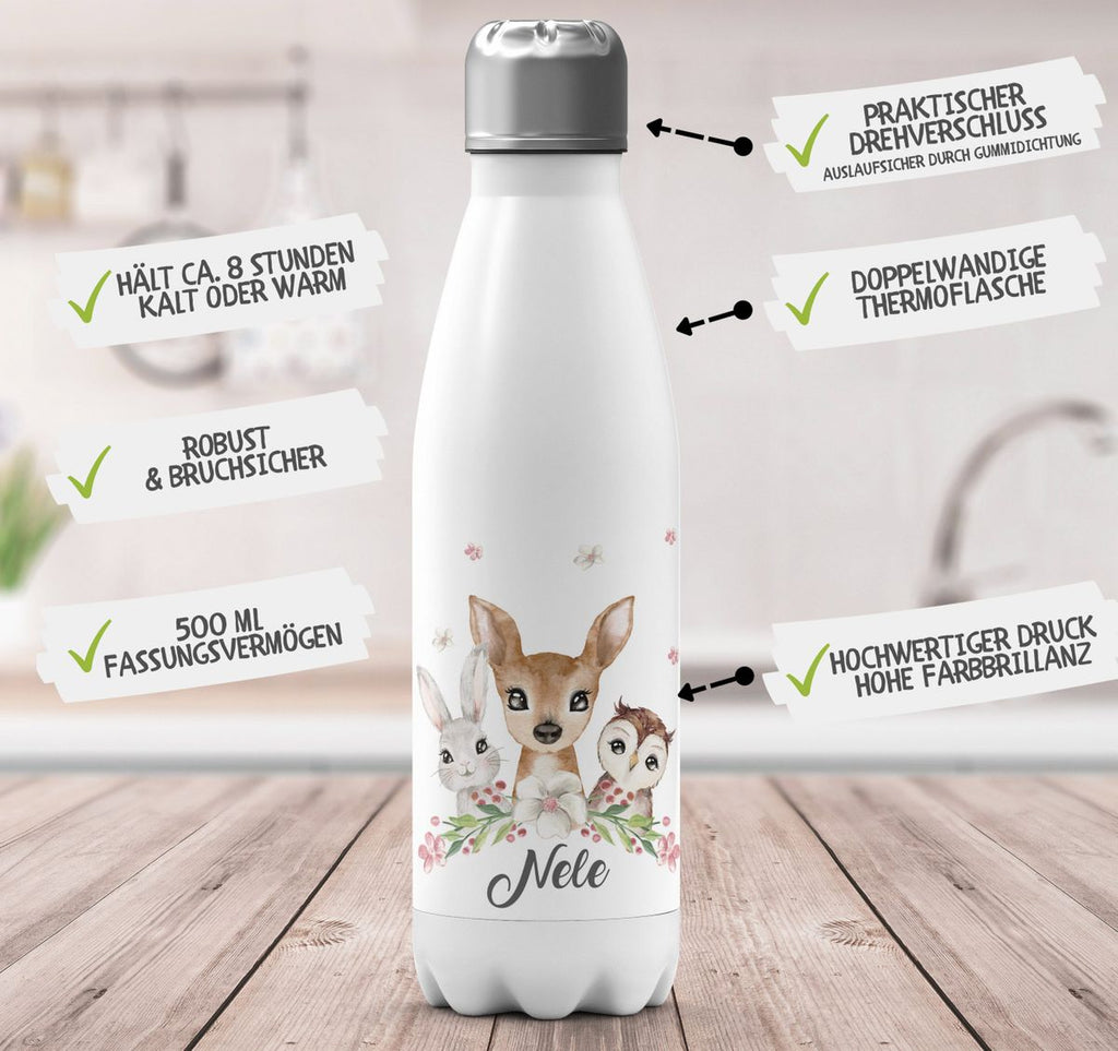 Thermo Trinkflasche Hase, Reh und Eule mit Namen - von Mikalino