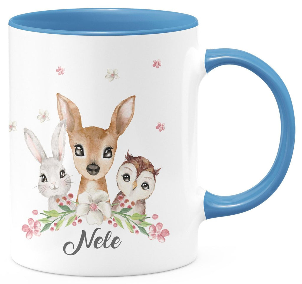 Keramik Tasse Hase, Reh und Eule mit Namen - von Mikalino