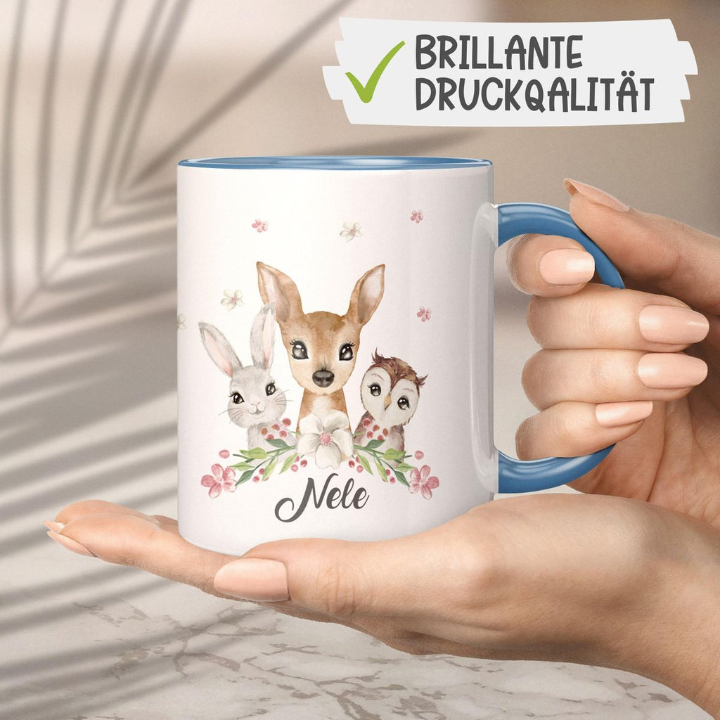 Keramik Tasse Hase, Reh und Eule mit Namen - von Mikalino