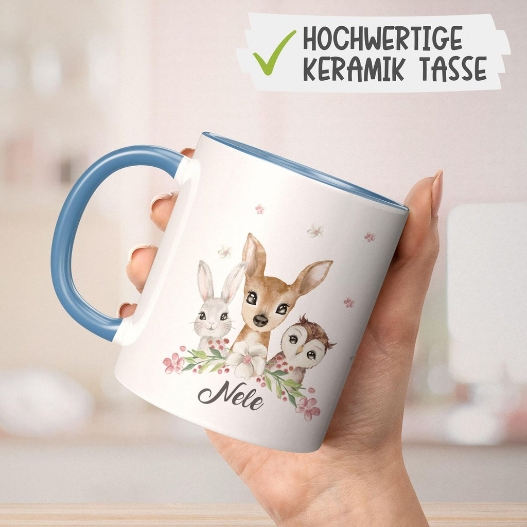 Keramik Tasse Hase, Reh und Eule mit Namen - von Mikalino