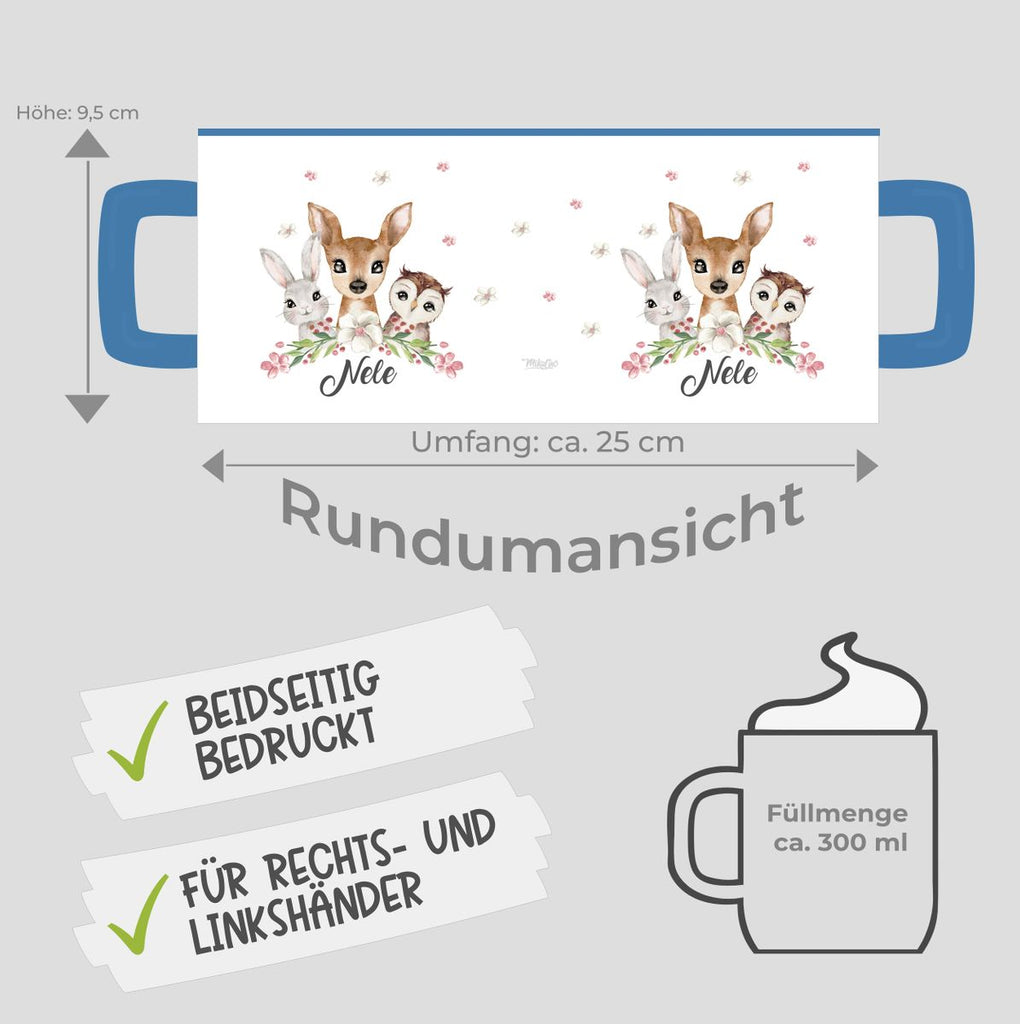 Keramik Tasse Hase, Reh und Eule mit Namen - von Mikalino