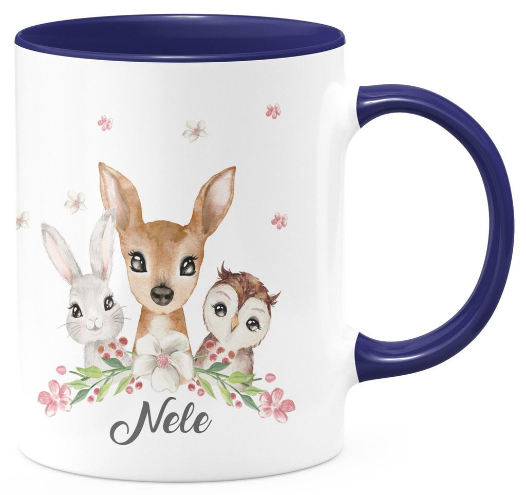 Keramik Tasse Hase, Reh und Eule mit Namen - von Mikalino