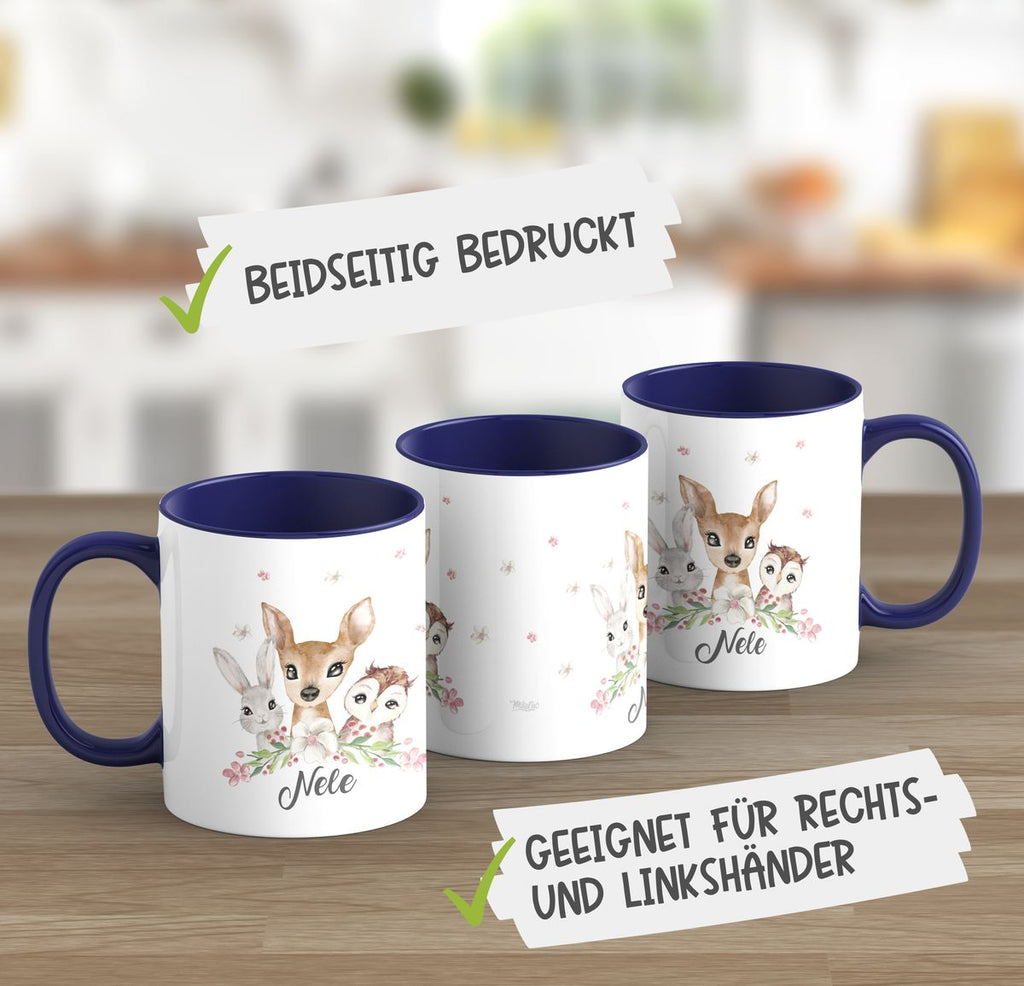 Keramik Tasse Hase, Reh und Eule mit Namen - von Mikalino