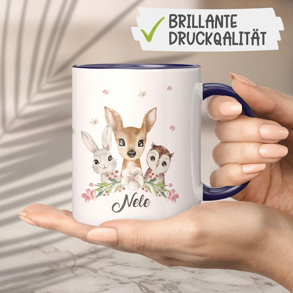 Keramik Tasse Hase, Reh und Eule mit Namen - von Mikalino