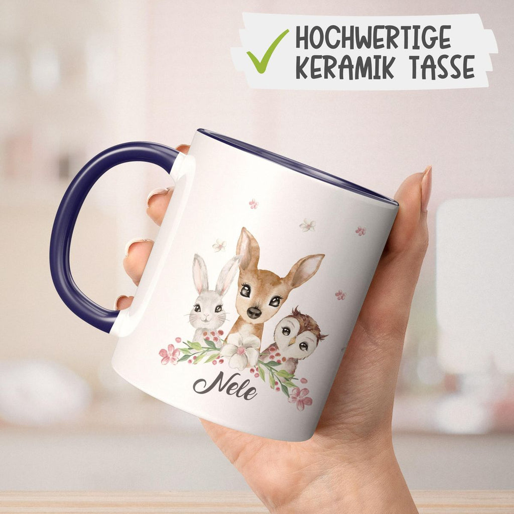 Keramik Tasse Hase, Reh und Eule mit Namen - von Mikalino