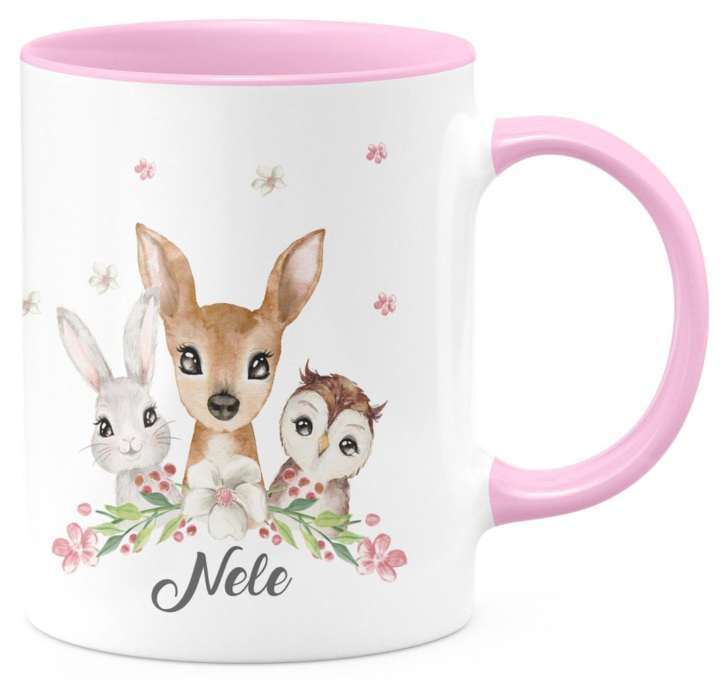 Keramik Tasse Hase, Reh und Eule mit Namen - von Mikalino